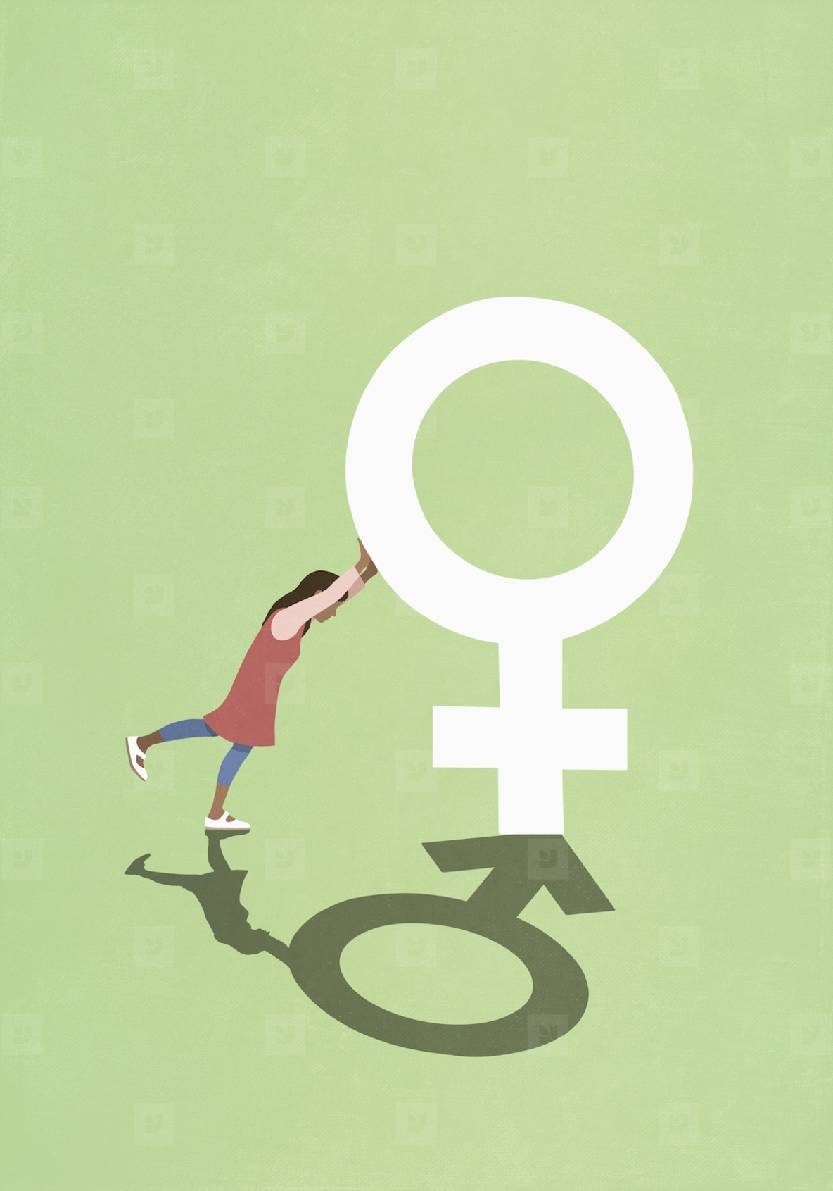 Woman pushing female gender symbol with male gender shadow