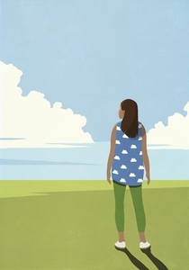 Woman in cloud tank top looking at sunny seascape