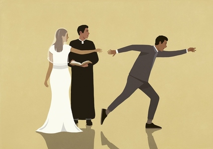 Priest and bride watching groom running away
