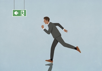 Businessman running for exit sign on blue background
