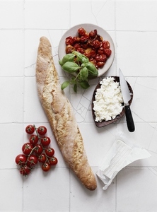 Still life baguette tomatoes  basil and cheese
