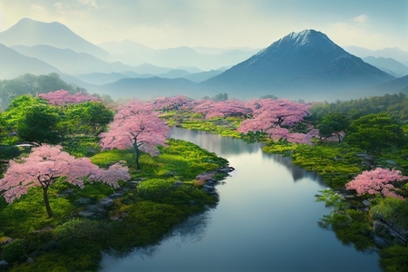 Beautiful landscape of mountain and blooming cherry blossoms in