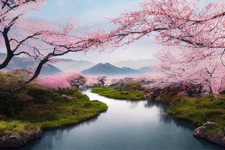 Beautiful landscape of mountain and blooming cherry blossoms in