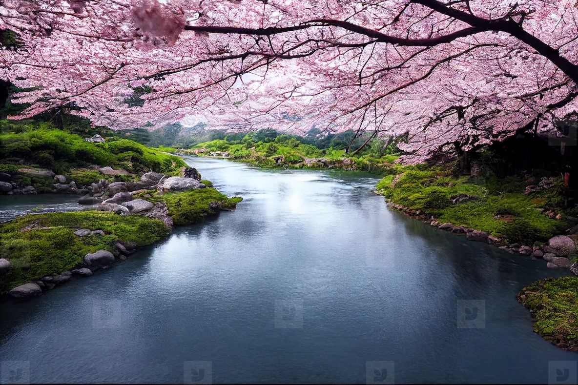 Beautiful landscape of river and blooming cherry blossoms in spr