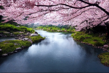 Beautiful landscape of river and blooming cherry blossoms in spr