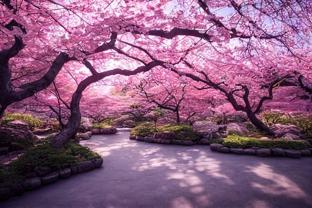 Beautiful landscape of garden and blooming cherry blossoms in sp