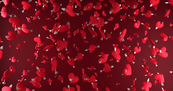A lot of red hearts with arrows against a red background  3d render  3d illustration