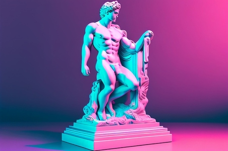 Greek god sculpture in retrowave city pop design  vaporwave styl
