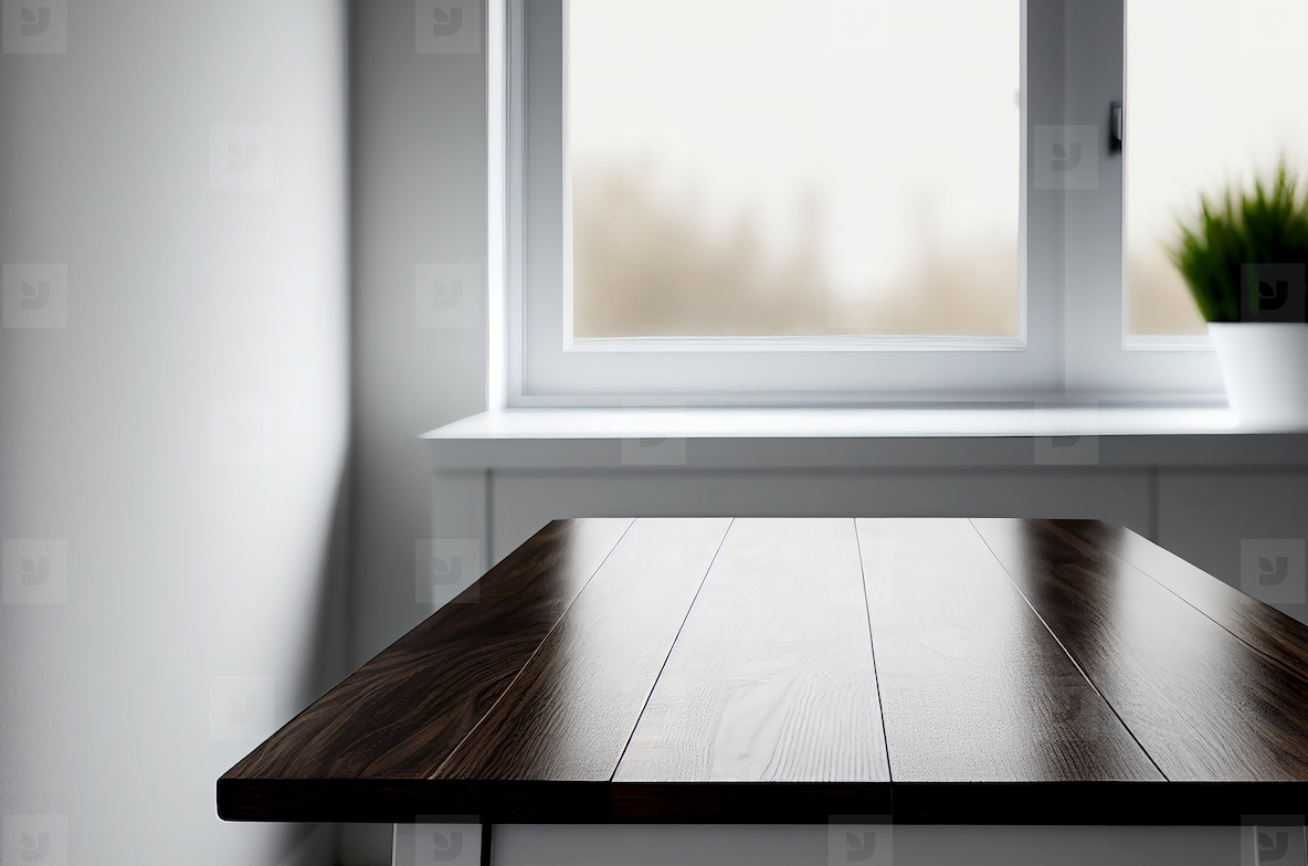 Abstract empty wooden desk table with copy space over interior m