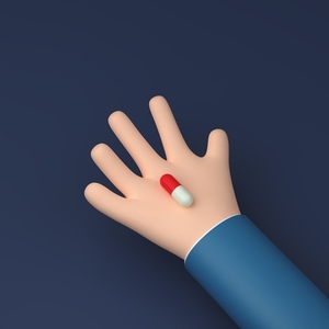 Capsule with a white and red parts on a cartoon hand against blue background  3d render  3d illustration