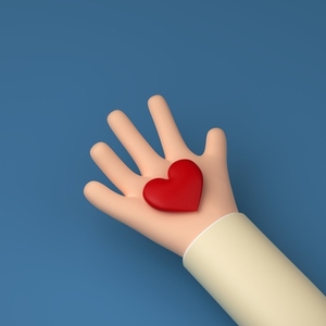 Hand holding a heart  High angle of a cartoon palm with red heart  3d render  3d illustration