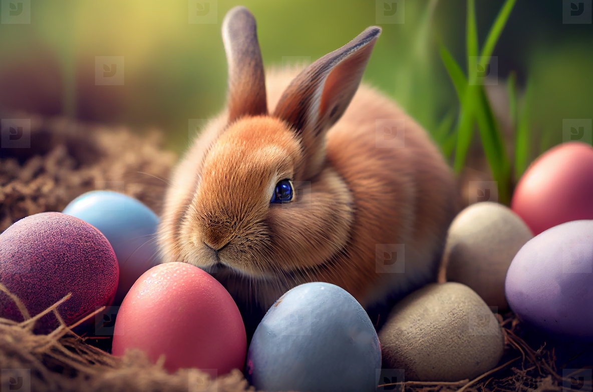 Rabbit with painted easter eggs