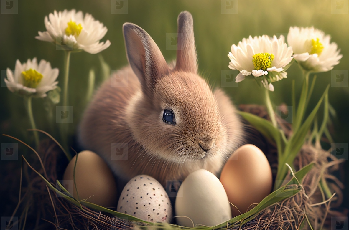 Rabbit with painted easter eggs