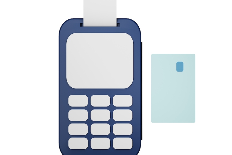 Pos terminal with receipt and credit card. Card machine and debt card on white background, 3d render, 3d illustration