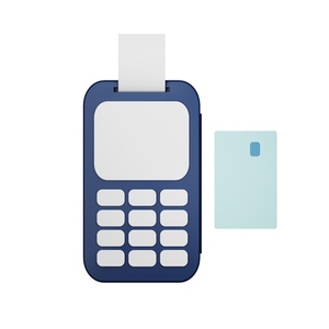 Pos terminal with receipt and credit card  Card machine and debt card on white background  3d render  3d illustration