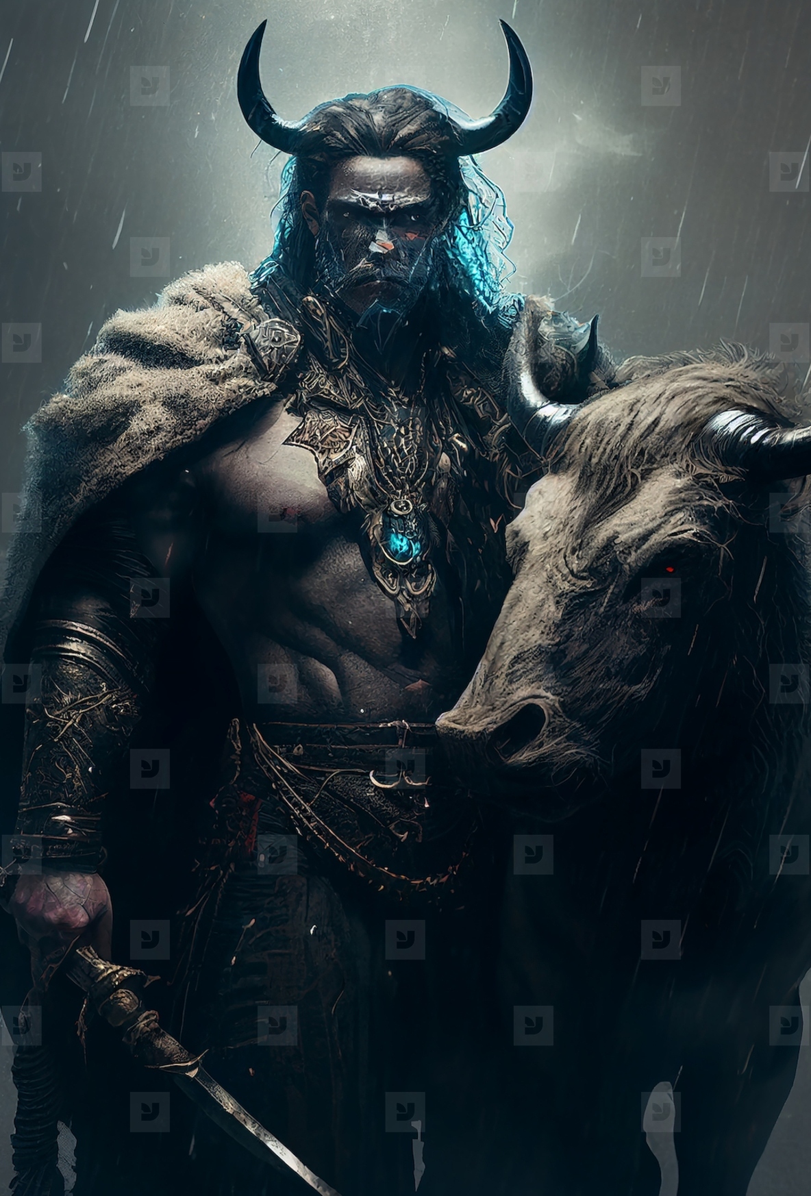 monster as a warrior with bull