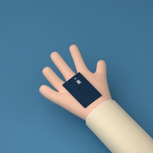 Giving cartoon hand with a credit card  Debit card with NFC chip on a cartoon palm over blue background  3d render  3d illustration