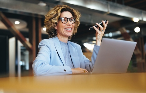 Professional business woman speaking on a mobile phone in an office