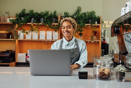 Smiling barista in apron typing on laptop at the counter  Cheerful coffee shop owner working while standing at the bar counter