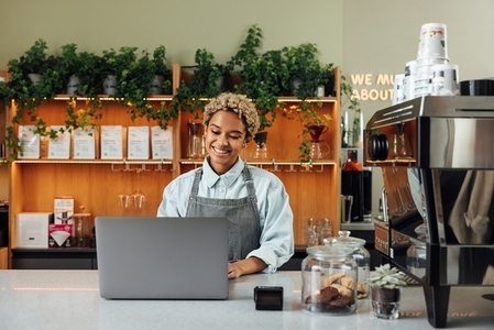 Young smiling woman in an apron typing on a laptop  Female working as a barista standing at the counter with a laptop