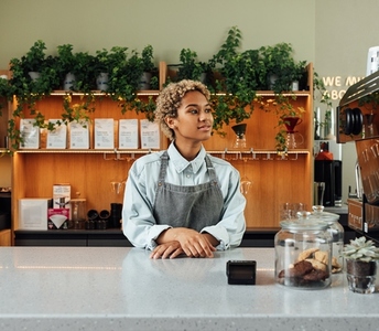 Young woman in an apron standing in a coffee shop  Female with short hair standing at her cafe