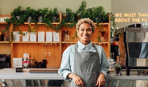 Confident coffee shop owner in an apron  Young smiling woman in an apron standing at the bar counter