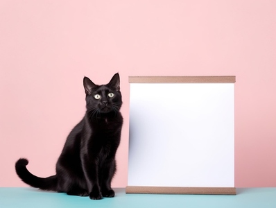 black cat with blank whiteboard