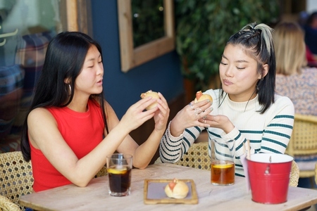 Content Asian women enjoying delicious lunch together in cafe