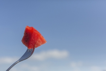 Close up juicy red watermelon on fork against sunny blue summer sky