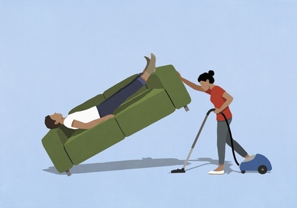 Wife vacuuming lifting sofa with sleeping husband