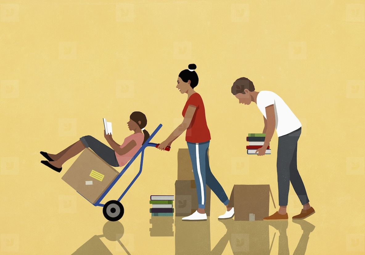 Family reading packing and moving boxes of books with hand truck