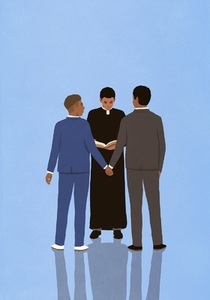 Priest marrying gay male couple holding hands on blue background