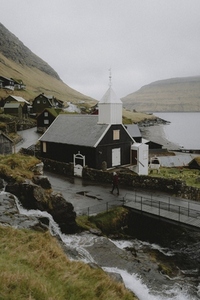 Church in idyllic waterfront Faroese village
