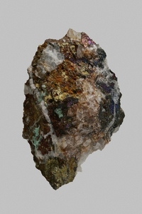 Close up detail textured multicolored German chalcopyrite stone on gray background