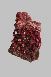 Close up detail textured red Moroccan vanadinite crystal on gray background