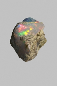Close up iridescent multicolored welo opal on gray background