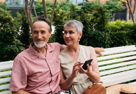 Smiling retired couple sitting on a bench in a park