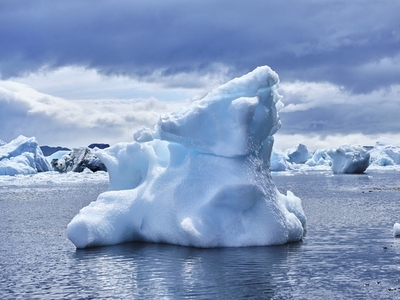 Blue iceberg formation above ocean surface Antarctic Peninsula Weddell Sea Antarctica