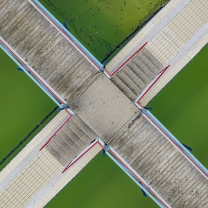 Aerial view intersecting walkways over green salt ponds Oberndorf am Neckar Germany