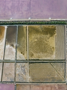 Aerial view salt ponds forming abstract square pattern Majorca Spain