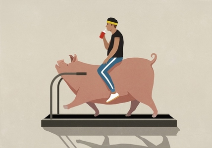 Man sitting and drinking on pig exercising walking on treadmill