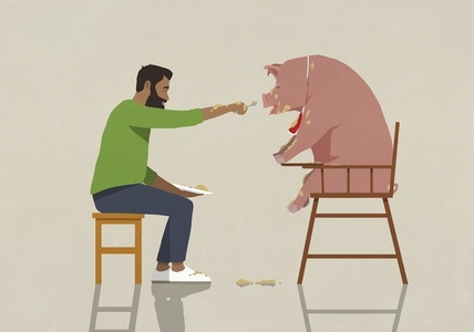 Man feeding messy pet pig in high chair