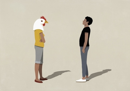 Wife in chicken mask confronting surprised husband
