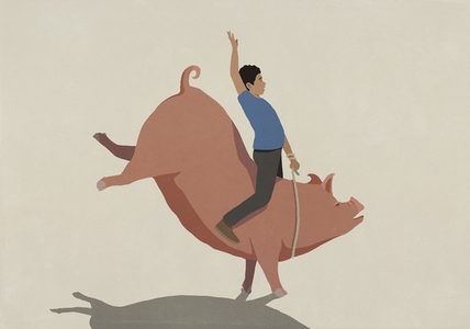 Man bull riding piggy bank