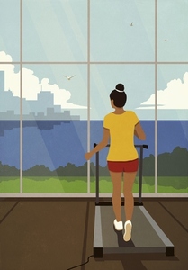 Woman walking on treadmill at window with view of city and lake