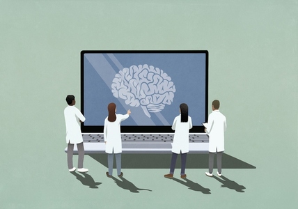 Neuroscientists looking at brain image on laptop screen