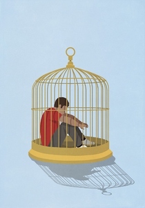 Frustrated man trapped in birdcage