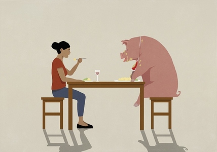 Woman eating dinner with messy pig at dining table