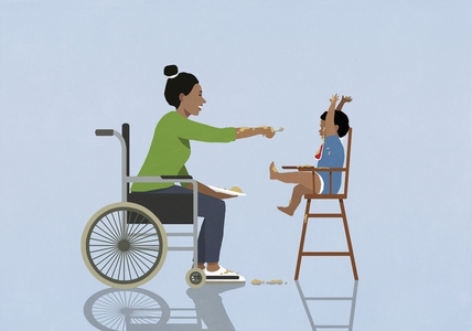 Mother in wheelchair feeding messy baby in high chair