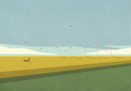 Deer laying in sunny rural field with wind turbines
